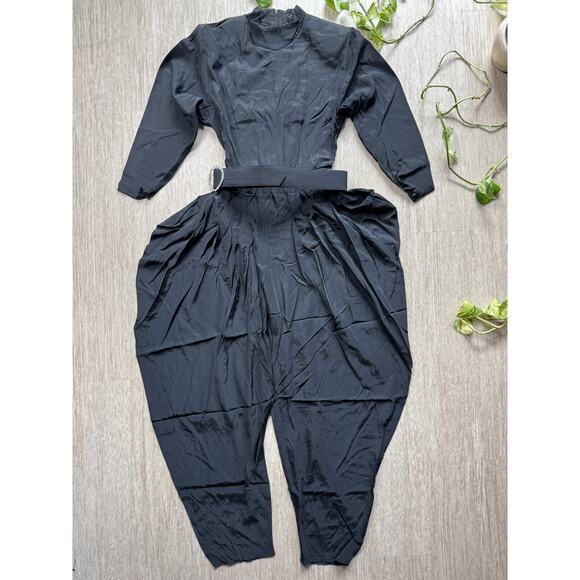 Vintage 70s Positively Ellyn Black Satin Jumpsuit Women’s 6 Belted Glam Romper - Picture 1 of 16